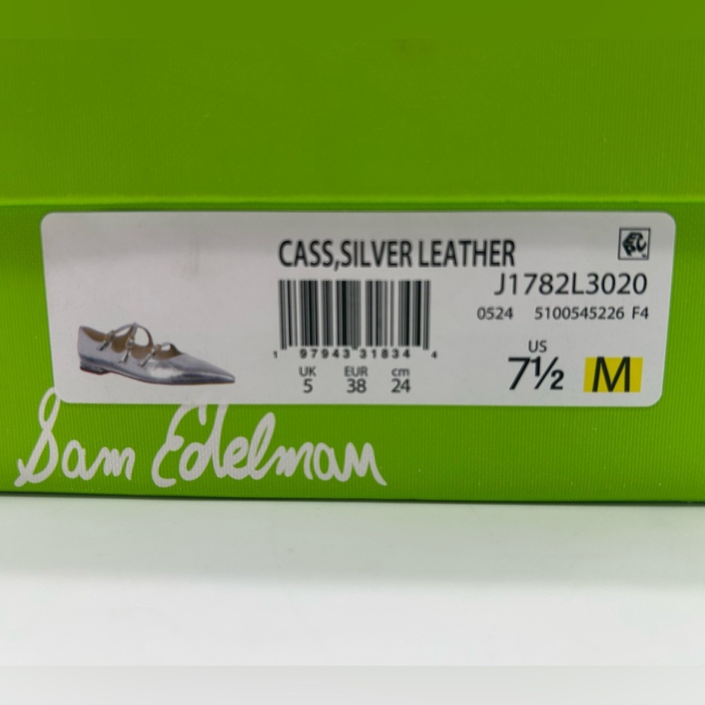 Sam Edelman Cass Silver Leather Pointed Toe 3-Strap Flats Sz 7.5 M New
With Box - Picture 10 of 11